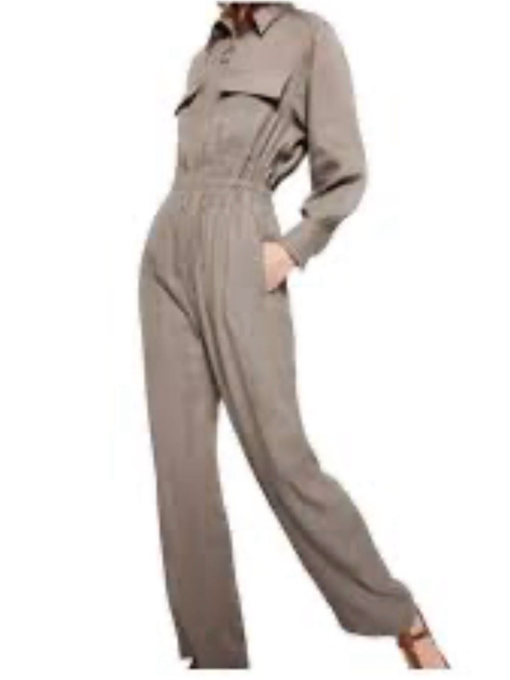 Zara utility coverall jumpsuit M taupe zipper elastic waist safari linen blend